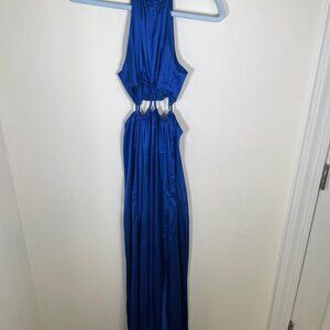 Forever 21 Blue Satin Cut Out High Neck Maxi Dress with Slit